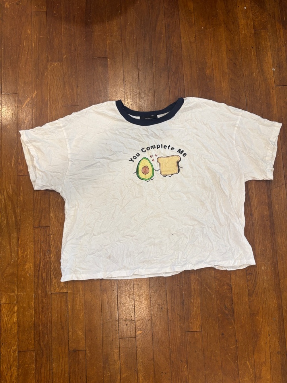 Forever 21 White Ringer Tee with Navy Collar and Avocado Toast Graphic
